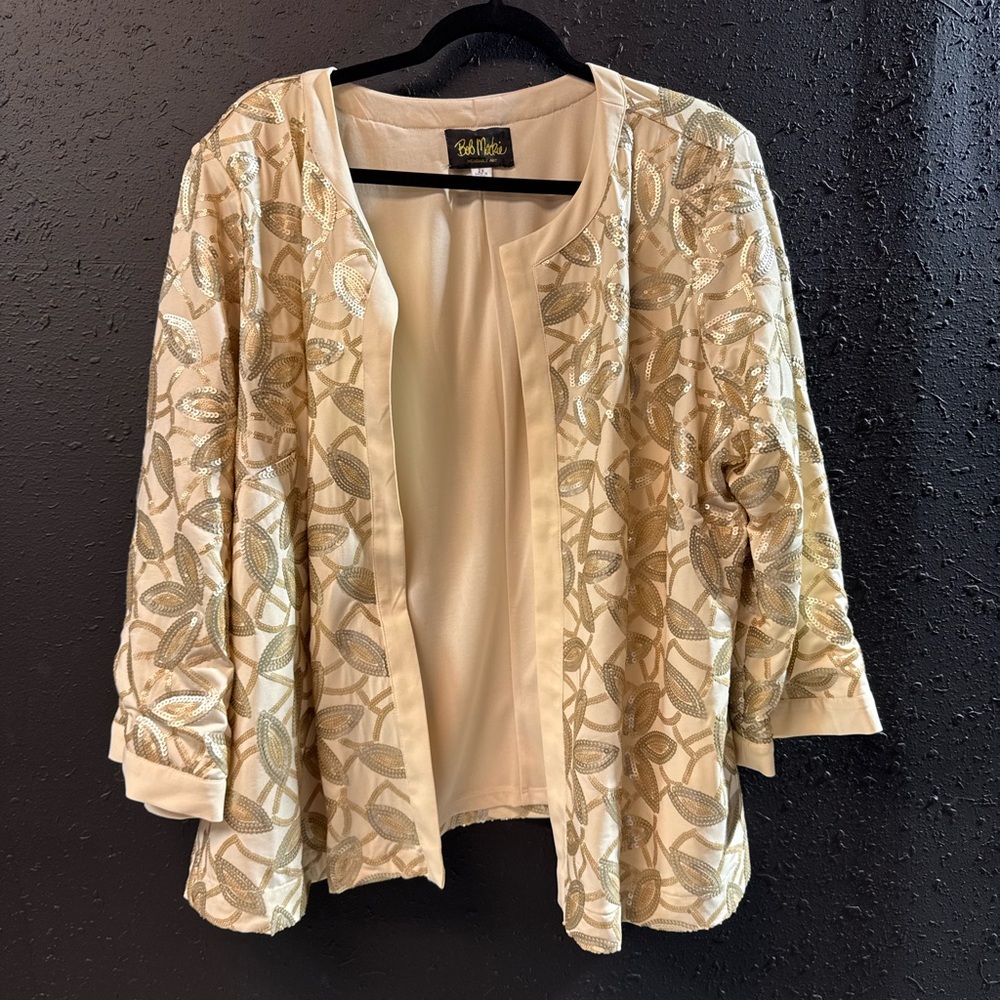 Bob Mackie 3/4 Sleeve Ivory Sequin Jacket Blazer Open Front Size 2x